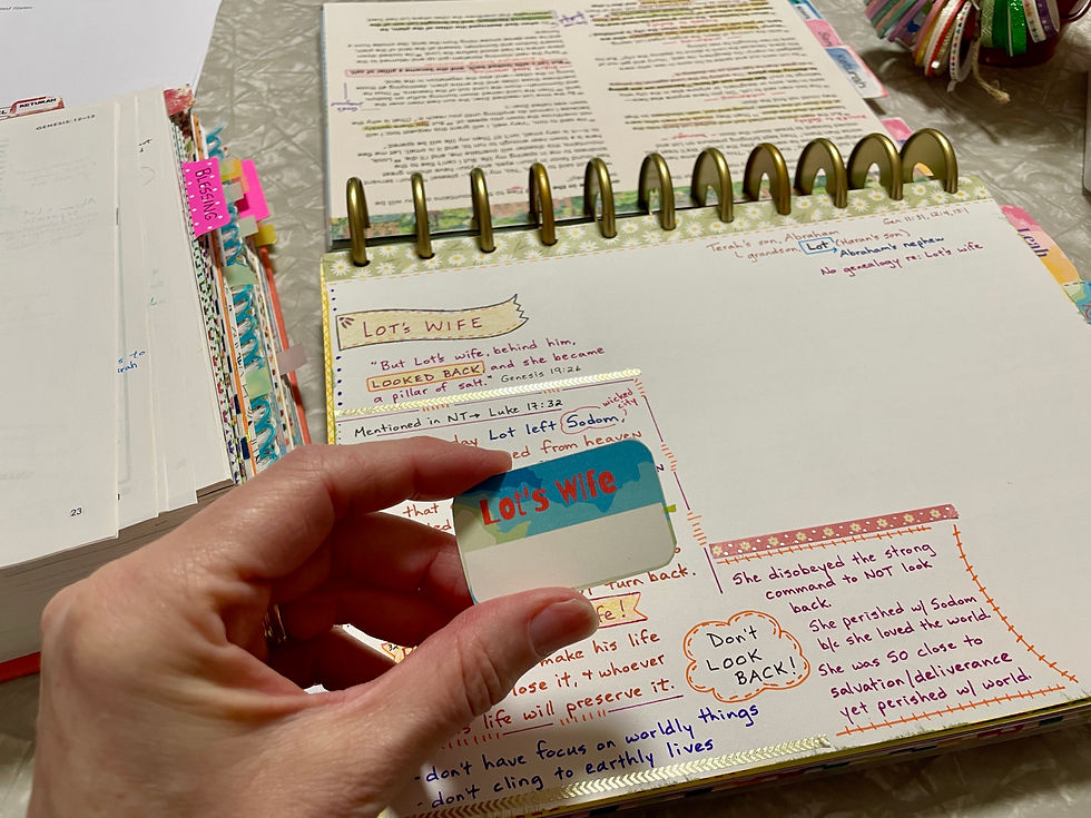 Adding tab for Lot's Wife in my Women of the Word Bible Quilt Journal