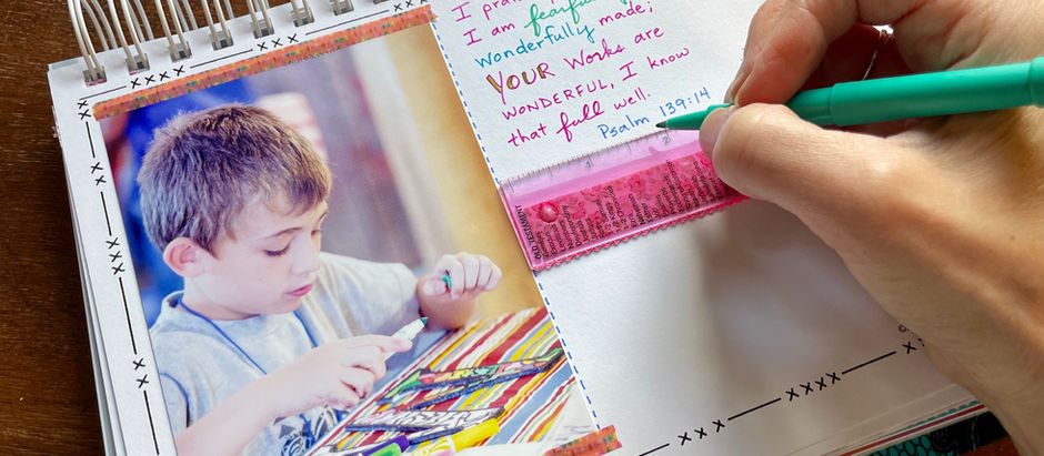 writing scripture on son's Bible Quilt Journal page