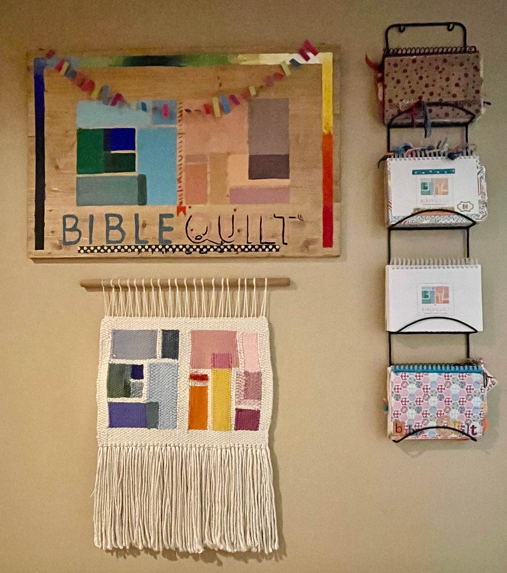 Bible Quilt Journal logo on wooden sign and weave