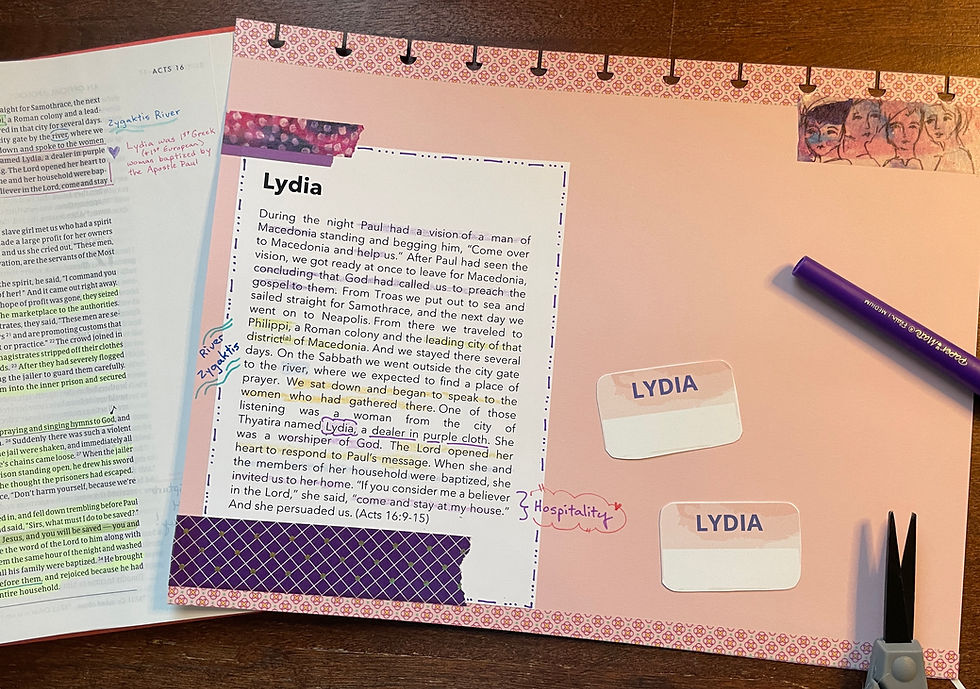 Lydia, page in progress, in my Women of the Word BQ Journal
