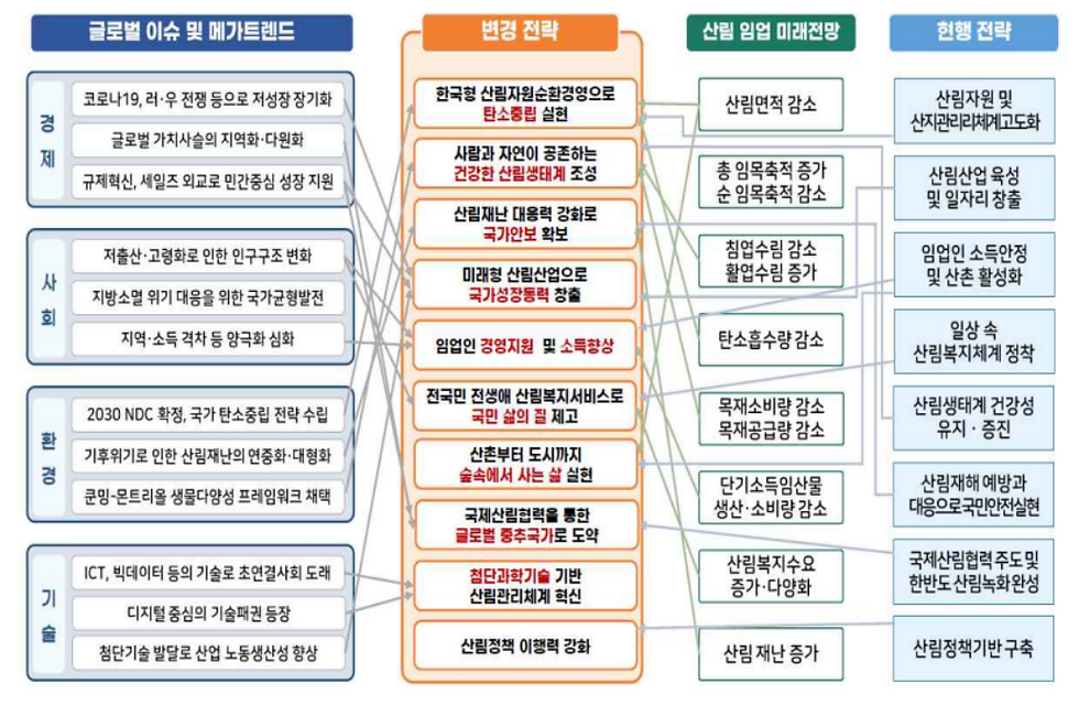 2025년 변경된 산림기본계획 추진 전략 도표. 사진 제6차 산림기본계획 문서