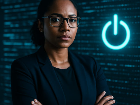 An older black professional woman in front of virtual code