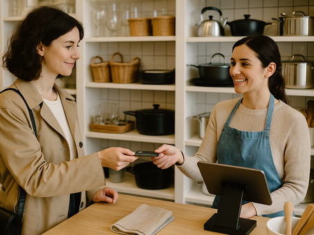 A woman making a purchase at a kitchen store.