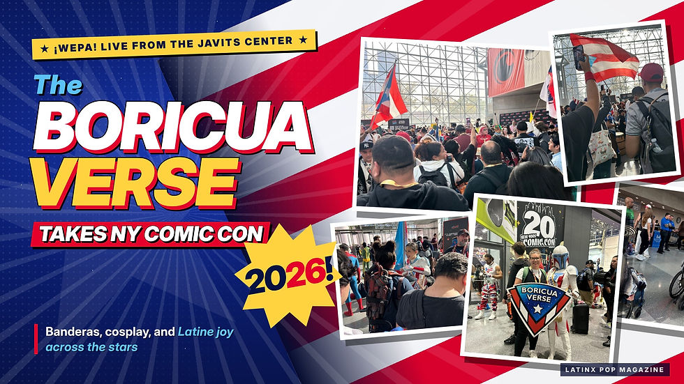 Graphic for The Boricua Verse takes NY Comic Con 2026, with Puerto Rican flags, cosplay crowds, and Boricua Verse branding.