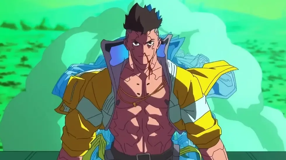 A muscular animated character with spiky hair stands confidently in a futuristic landscape. Wearing an open yellow jacket, exuding power.