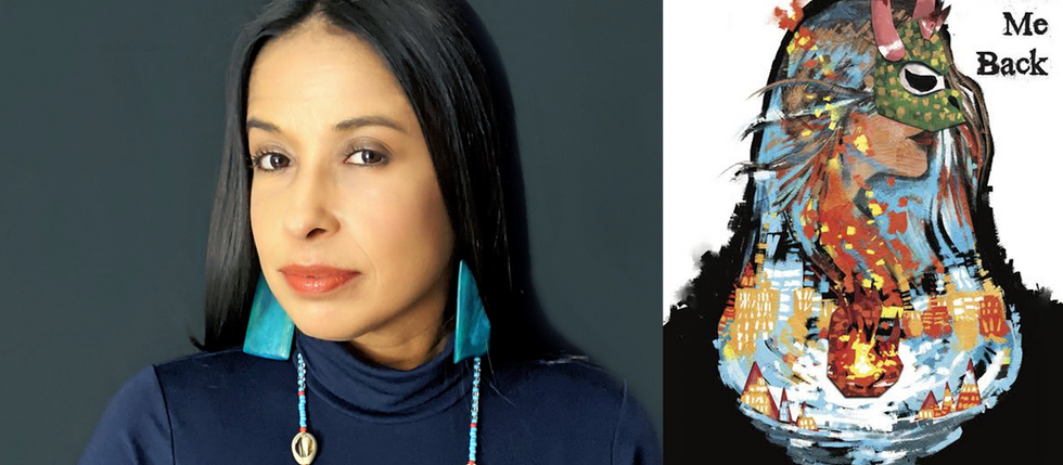 Portrait of a Peggy Robles-Alvarado beside a colorful mask artwork reading Burn Me Back by Peggy Robles-Alvarado on a dark and white split background