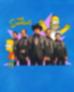 Band in patterned suits with cartoon characters Bart and Homer Simpson on a blue dotted background. Text: The Simpsons in yellow.