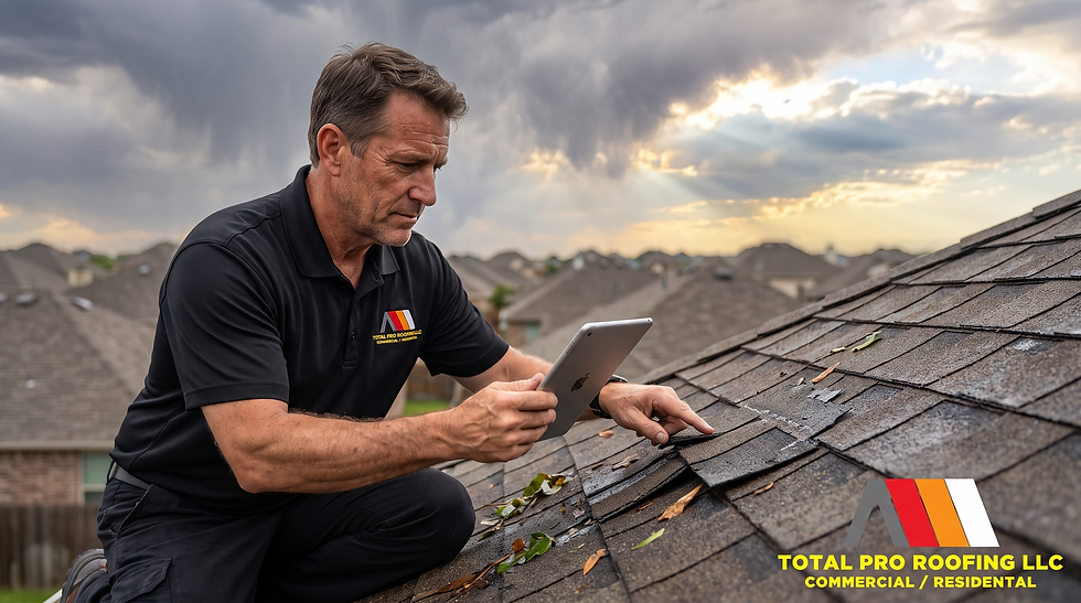 Total Pro Roofing contractor documenting storm damage on a Royse City TX roof
