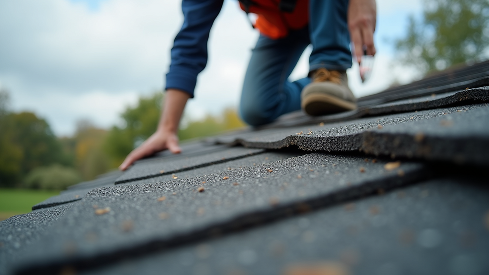 Eye-level view of a roofer inspecting shingles on a residential roof