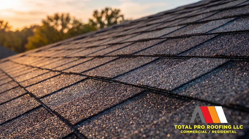 Close-up of architectural asphalt shingles on a Rockwall Texas residential roof