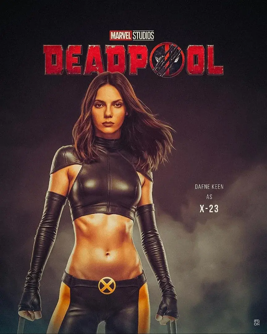 Woman in black and yellow superhero costume stands confidently against dark background. Text reads: "Marvel Studios Deadpool. Dafne Keen as X-23."