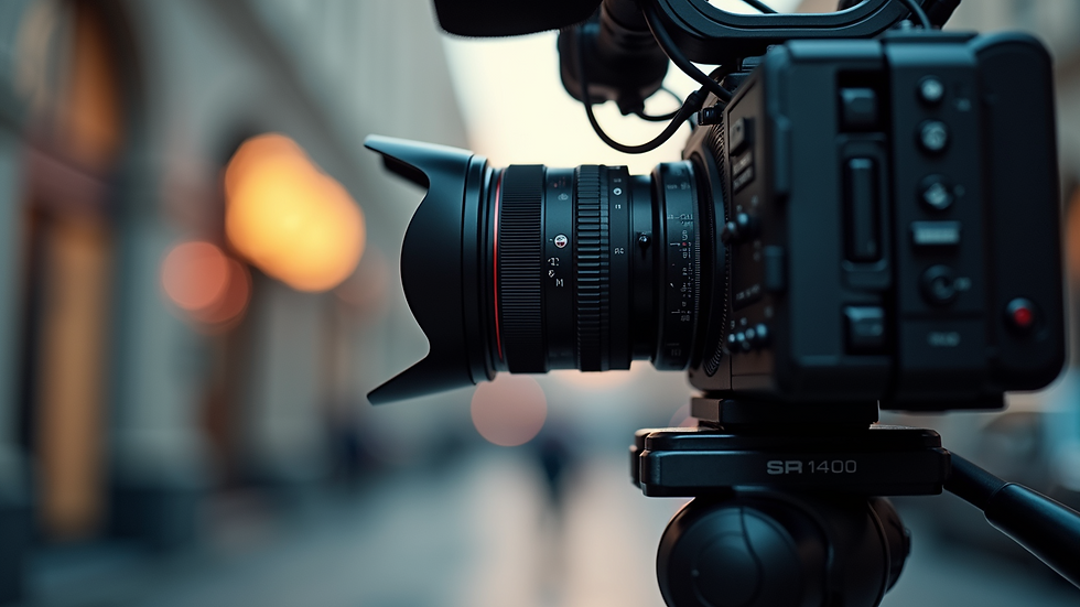 Close-up view of professional video camera setup on tripod