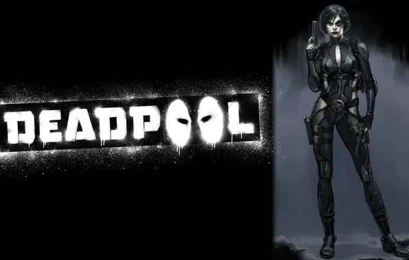 A woman in black tactical gear holds a gun against a dark background. Bold "DEADPOOL" text with eye designs appears on the left.
