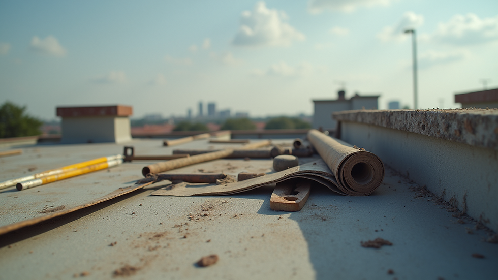 Close-up view of roofing materials and tools on a Texas rooftop