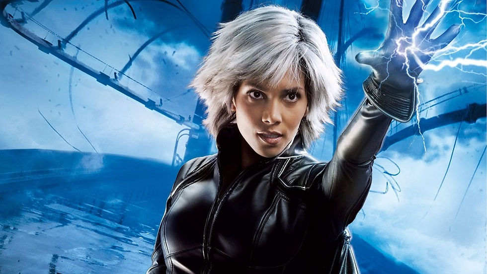 Silver-haired person in black suit extends hand, emitting lightning. Blue atmospheric background, intense expression, dynamic pose.