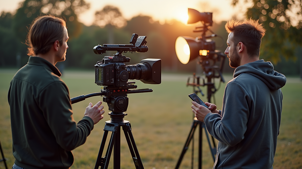 Professional videographers setting up cameras and lighting in a park at sunset. One adjusts the tripod while the other checks equipment, preparing for cinematic outdoor video production.