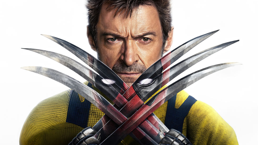 Man in yellow and blue suit, intense expression, crosses metallic blades with red and black mask. White background, dramatic mood.