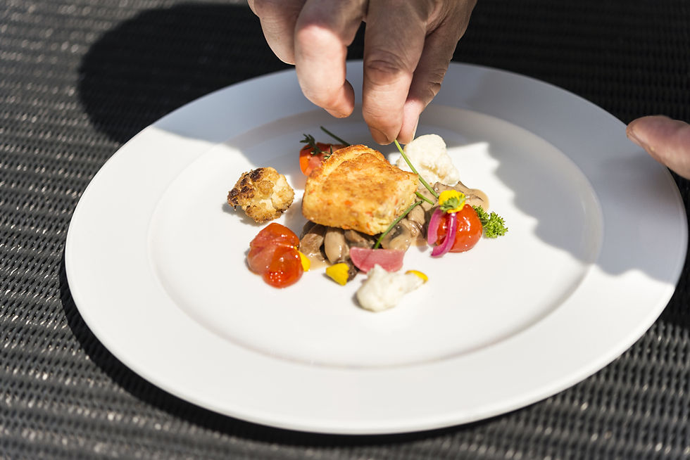 Teller mit einem schön angerichteten Essen.