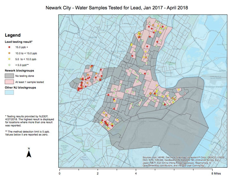 Map showing Water Samples that tested for Lead
