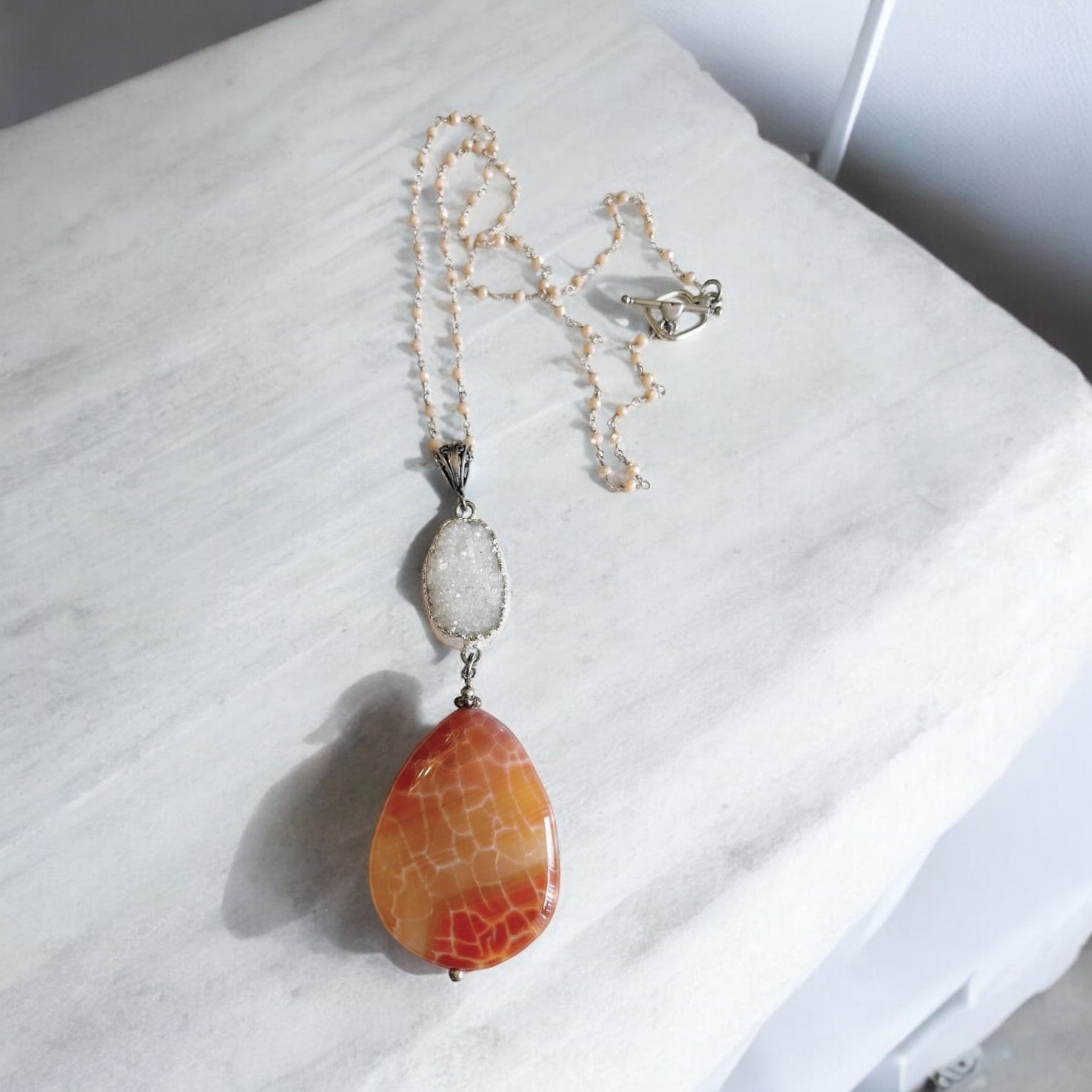 Long Fire Agate and Druzy Quartz Necklace
