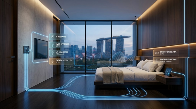 A futuristic, luxury hotel room in Singapore at dusk featuring floating digital HUD interfaces and glowing blue smart-grid light pathways that highlight automated climate control, IoT connectivity, and corporate energy-saving technology.