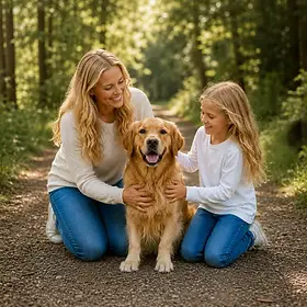 frau mädchen hund im wald_500.webp