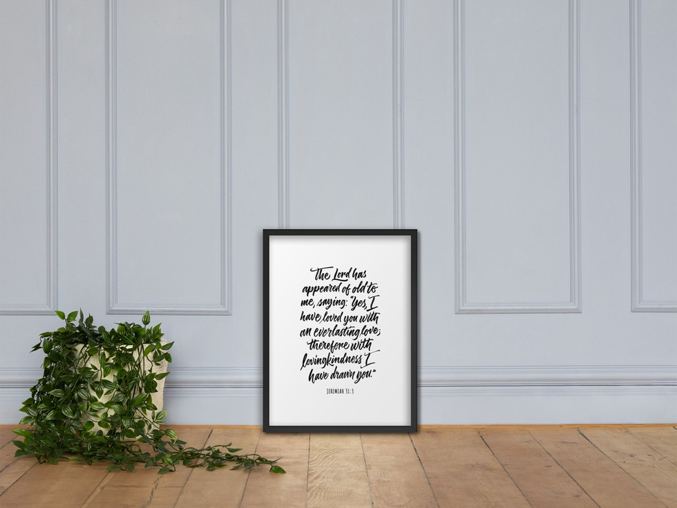 Calligraphy art print by darold pinnock (dpcreates) of the scripture "Jeremiah 31:3."