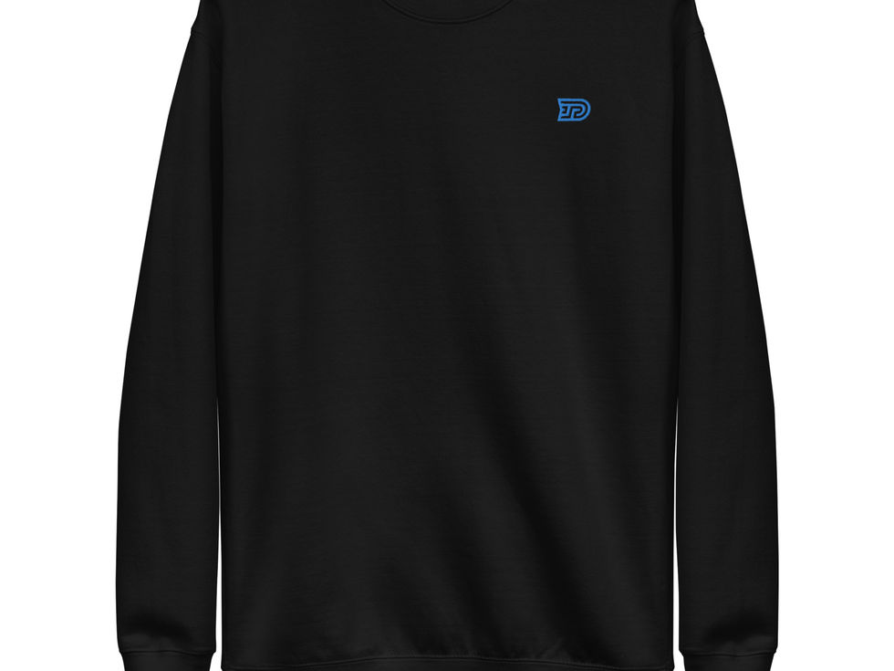black sweatshirt with blue dpcreates logo on it.