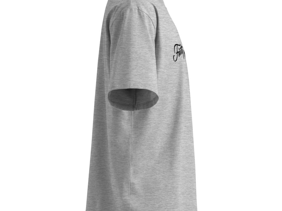 grey t-shirt with Calligraphy art by darold pinnock (dpcreates) of the phrase "faith over fear"