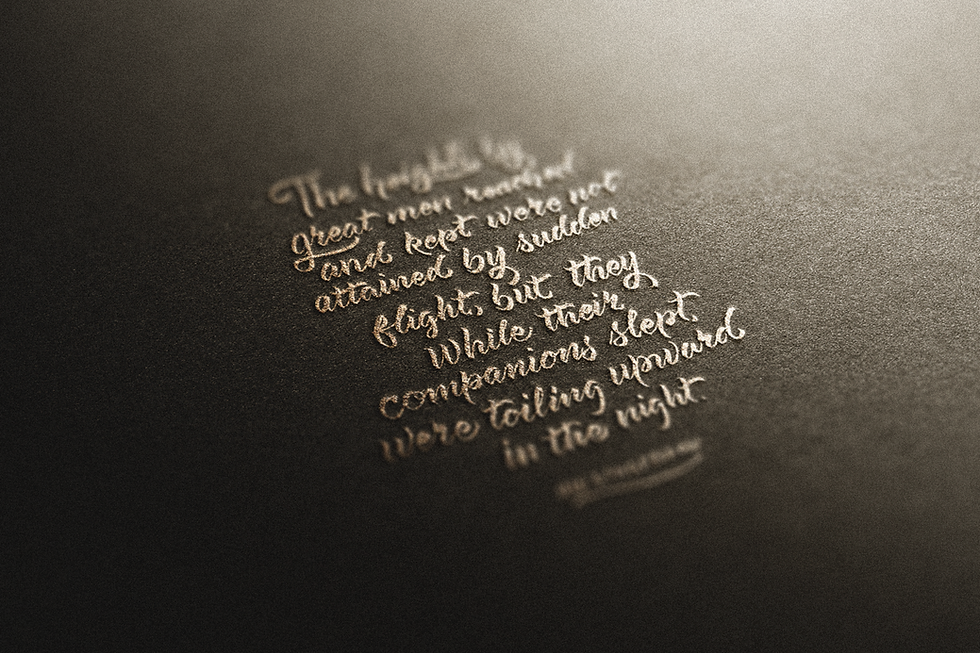 Stylish calligraphy of the phrase "The Heights of Great Men," featuring a flowing script.