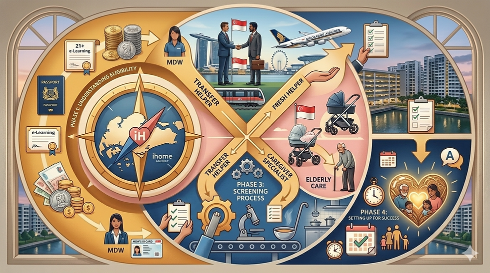 Illustrated cycle depicting maid service process in Singapore: e-learning, passport, train, handshake, care for elderly. Vibrant, informative.