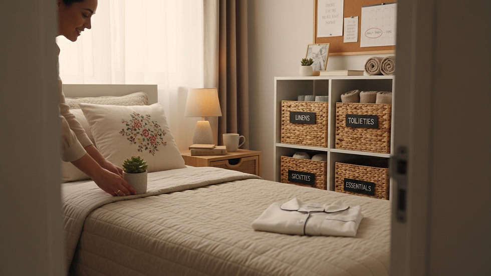 Close-up view of a neatly arranged helper’s room with bed and storage