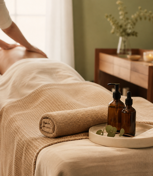 Cabinet de massage à Genève Eaux-Vives préparé pour une séance de massage de Breuss avec huiles et serviettes