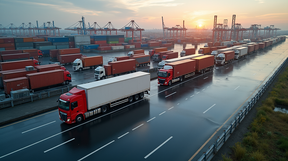 High angle view of a logistics hub with trucks and containers