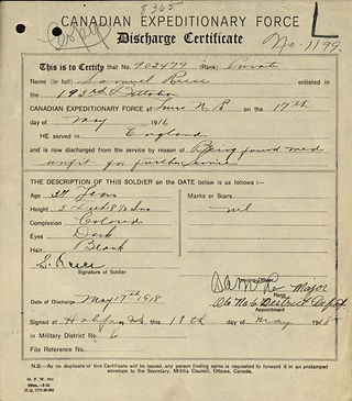 Samuel Reese's discharge paper