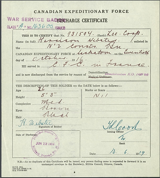 Corporal Harrison Webster's dental form