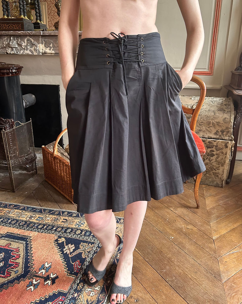 Miniature : Mid-length black cotton pleated laced up skirt