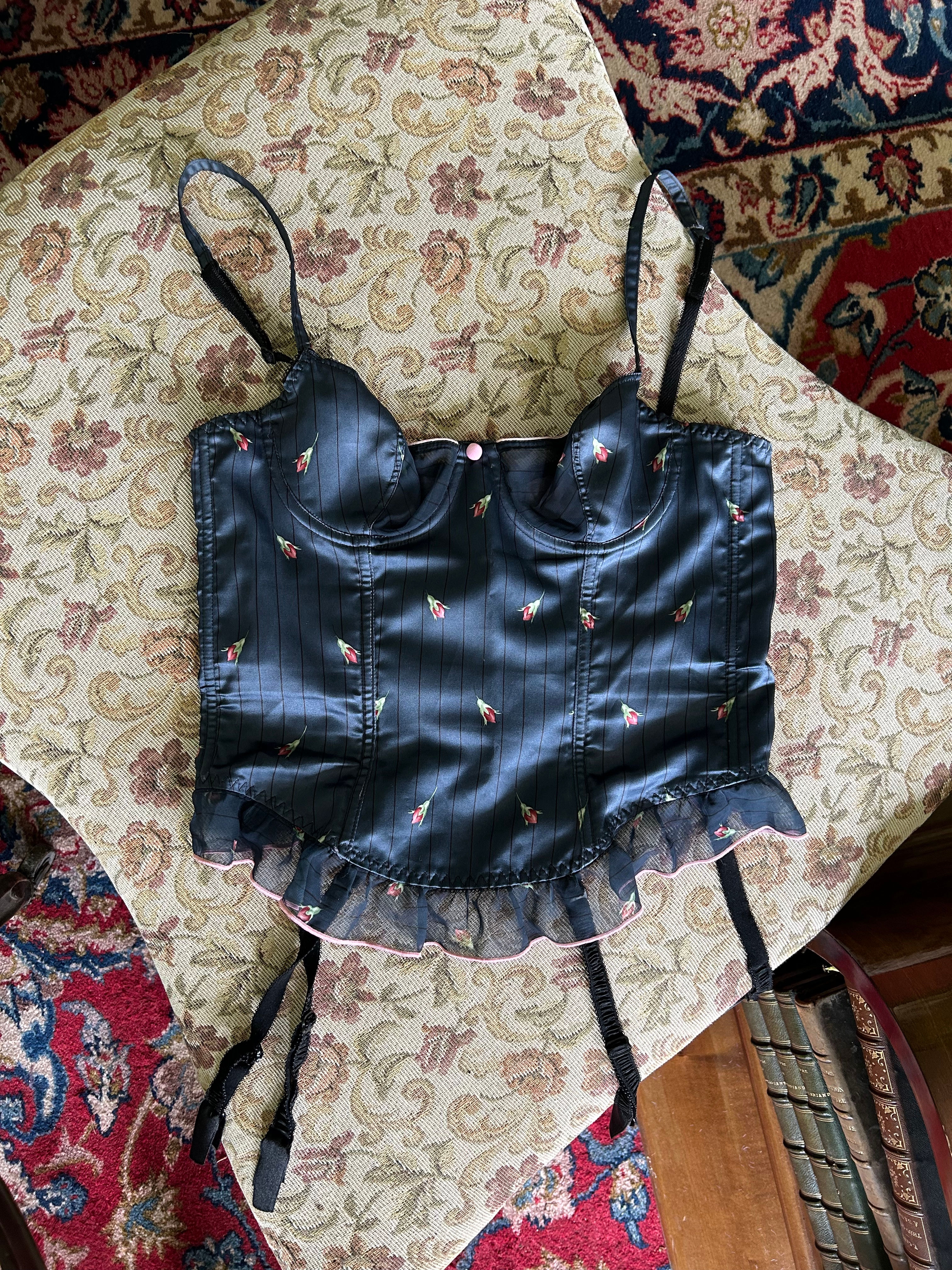 Navy blue pink flowers ruffled corset
