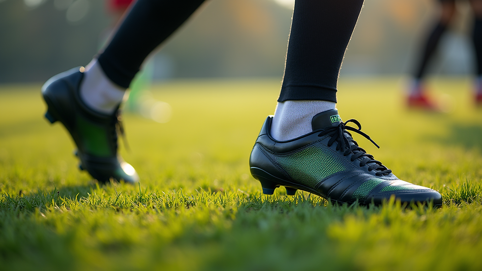 Close-up view of football boots on a grass field during training