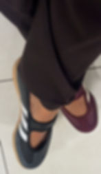 The Raè Edit Stye wearing Adidas Samba Jane Ballet Trainers in White Carbon Black and Maroon Cream