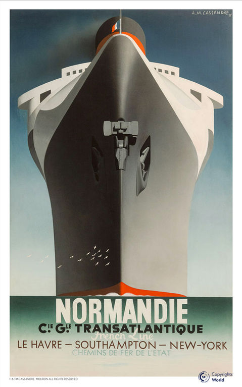 Vintage advertising poster 1935 liner NORMANDIE Compagnie Générale Transatlantique A.M.Cassandre Le Havre Southampton New York, maritime Art Deco masterpiece