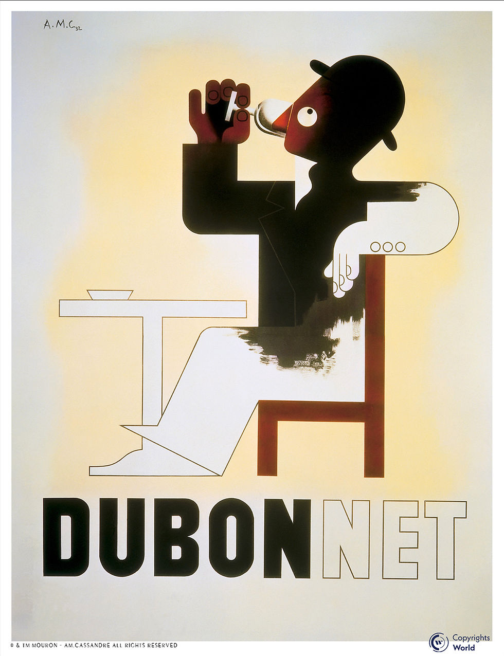 Dubonnet Advertising Triptych by A.M. Cassandre (1932) - Three-poster narrative sequence showing the evolution of a character drinking the aperitif: Dubo (black silhouette), Dubon (colored figure), Dubonnet (satisfied man in full color). Pioneer of modern visual storytelling.