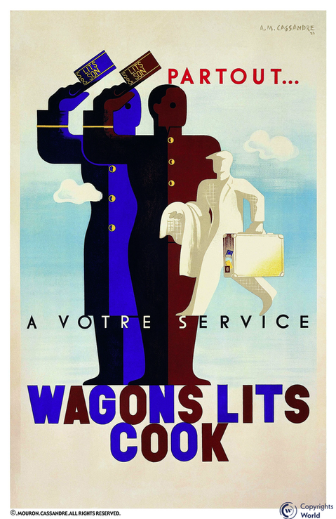 Vintage 1933 advertising poster WAGONS LITS COOK A.M.Cassandre Partout À votre service employees uniforms traveler suitcase, Art Deco train service railway excellence