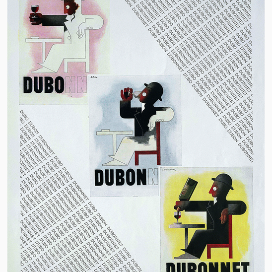 Dubonnet Advertising Trilogy by A.M. Cassandre (1932) - Revolutionary narrative sequence in three posters: Dubo (questioning black silhouette), Dubon (character gradually gaining color), Dubonnet (fulfilled man in vivid colors). First advertising series prefiguring Netflix codes and modern visual storytelling.