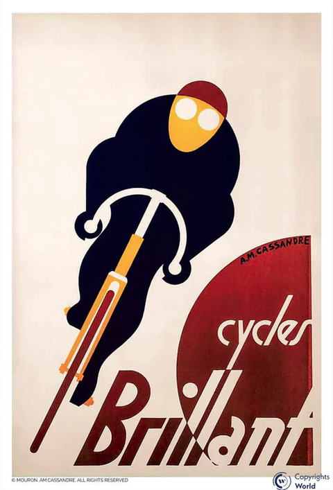 Vintage 1925 advertising poster CYCLES BRILLANT A.M.Cassandre cyclist bicycle sport speed, Art Deco geometric French mechanical performance 1920s
