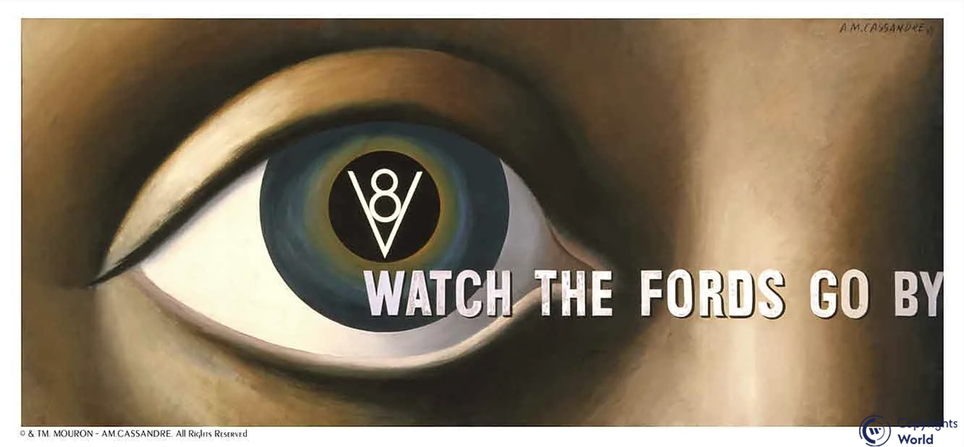 Affiche vintage Ford 1937 par A.M.Cassandre montrant un œil géant bleu-vert avec logo V8 dans la pupille et slogan "Watch the Fords Go By" - lithographie publicitaire Art Déco automobile moteur V8 design graphique moderniste années 30