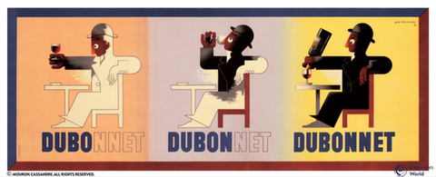 Vintage 1932 advertising poster triptych DUBONNET DUBO DUBON A.M.Cassandre narrative sequence French aperitif, Art Deco chromatic progression iconic boater