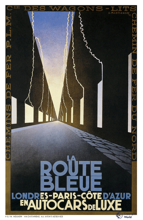 Vintage 1929 advertising poster LA ROUTE BLEUE A.M.Cassandre luxury coaches London Paris French Riviera architectural perspective, Art Deco automobile tourism tunnel vaults