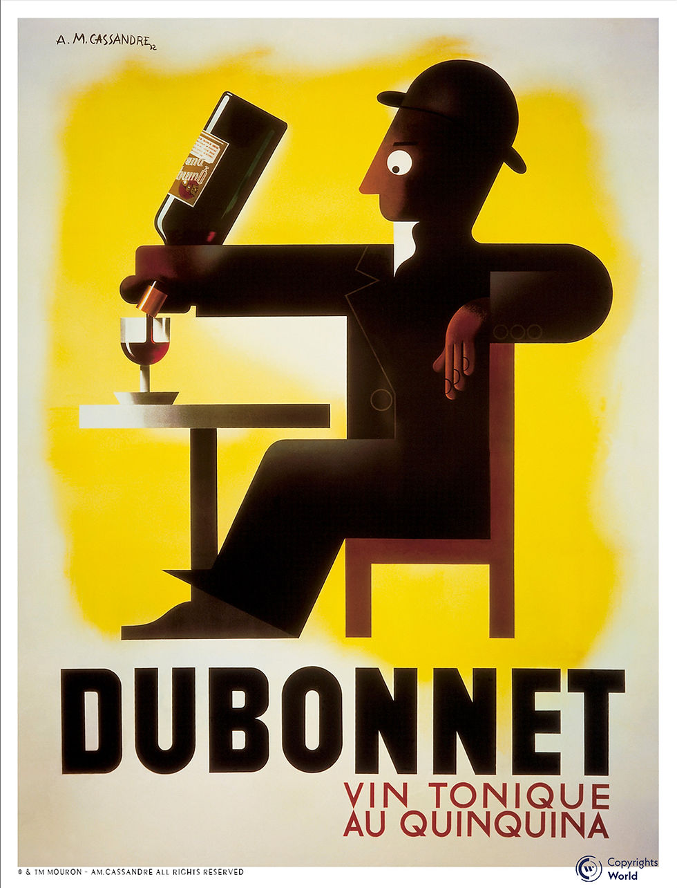 Dubonnet Advertising Triptych by A.M. Cassandre (1932) - Narrative sequence in three posters showing the evolution of a character drinking the aperitif: Dubo (black silhouette), Dubon (colored figure), Dubonnet (satisfied man in color). Pioneer of modern visual storytelling.