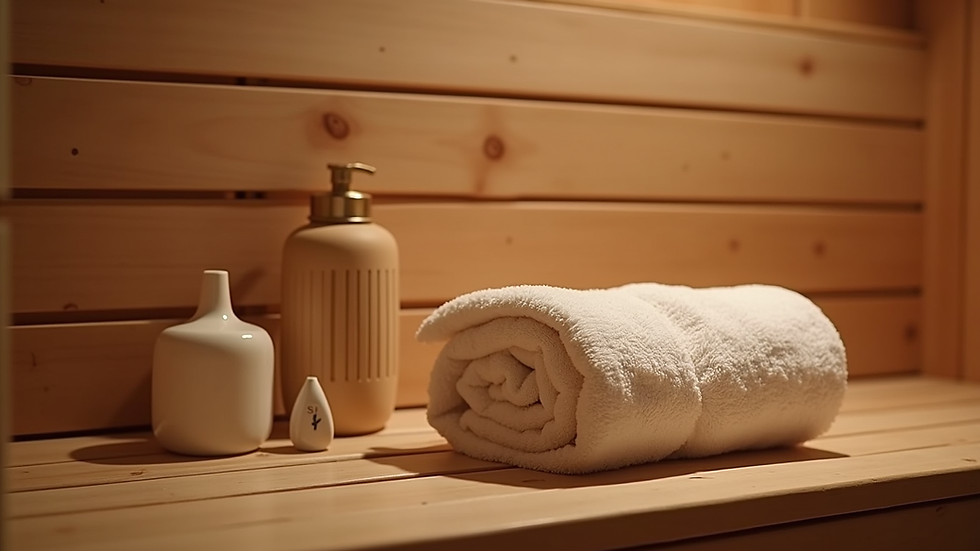 Close-up view of wooden sauna bench with towel and water bottle